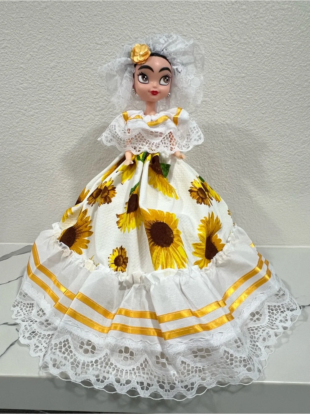 Doll Wearing Sunflower Print White & Yellow Dress